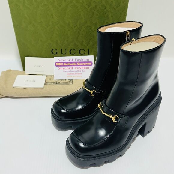 Gucci Horsebit Bootie 38/ US 8 Black Leather Platform Ankle Boots NIB $1,590 - Picture 7 of 16